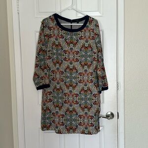 J Crew Blue 100% Silk Floral Medallion 3/4 Sleeve Scoop Neck Dress Size 10